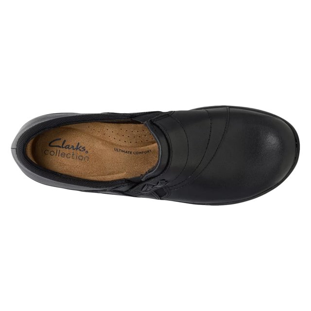 Clarks black slip on shoes online