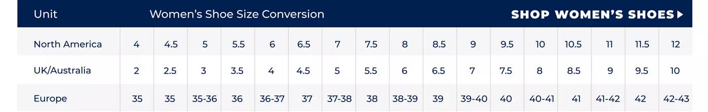 Women's shoe store sizes conversion chart